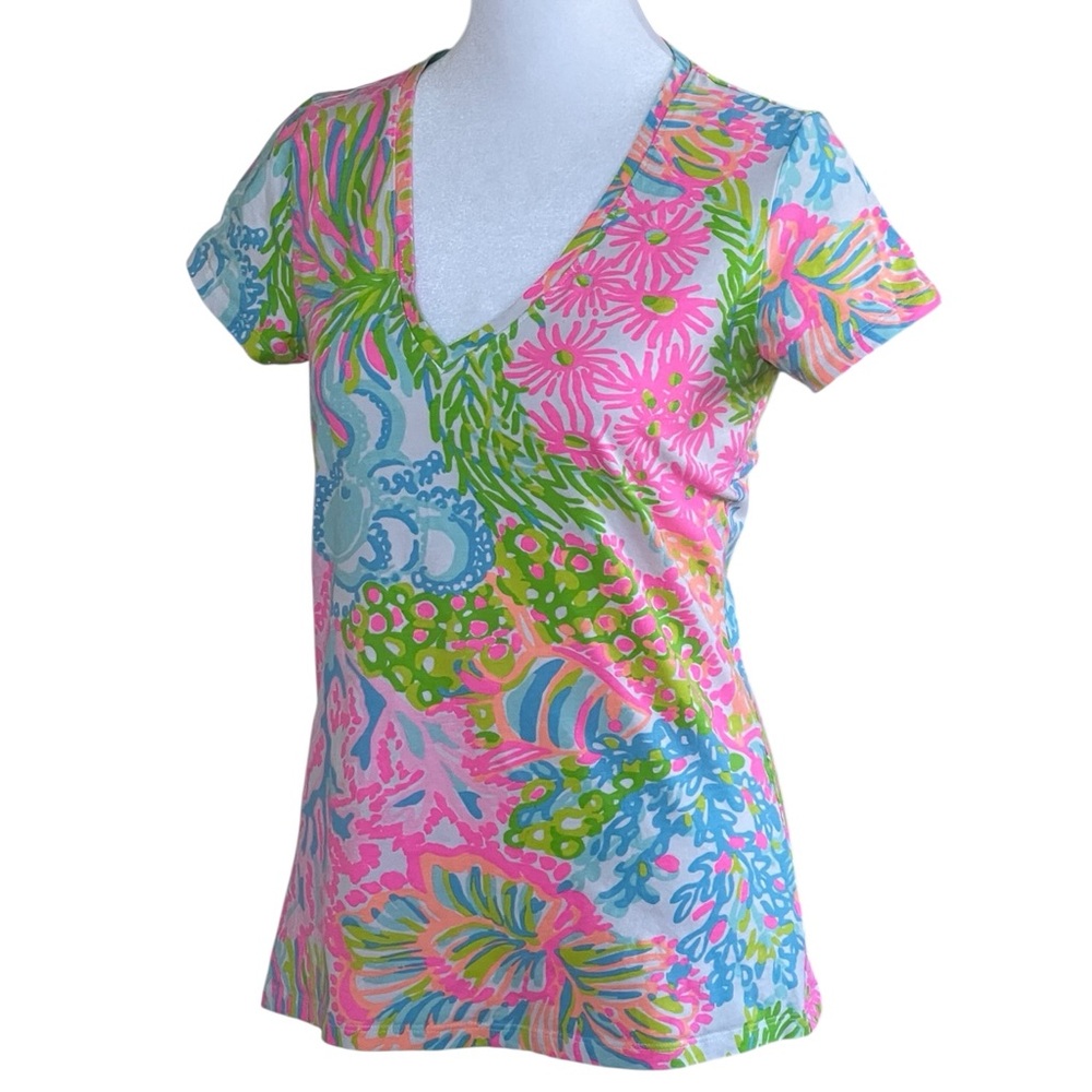 Lilly Pulitzer Michelle V-Neck Lovers Coral Tee Sz S Bold Vibrant Octopus